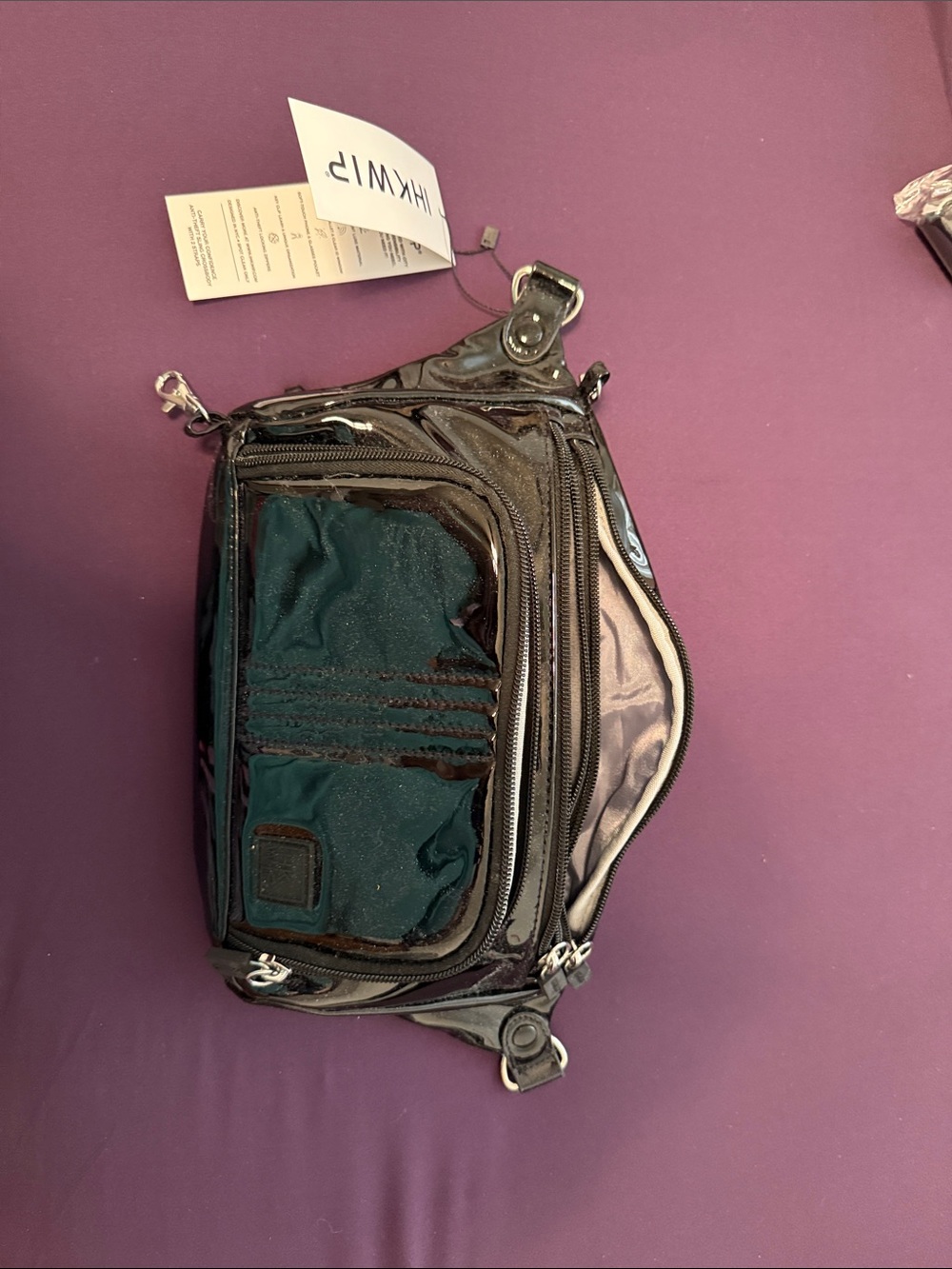 HKWIP Black Patent Crossbody Bag with Front Pocket